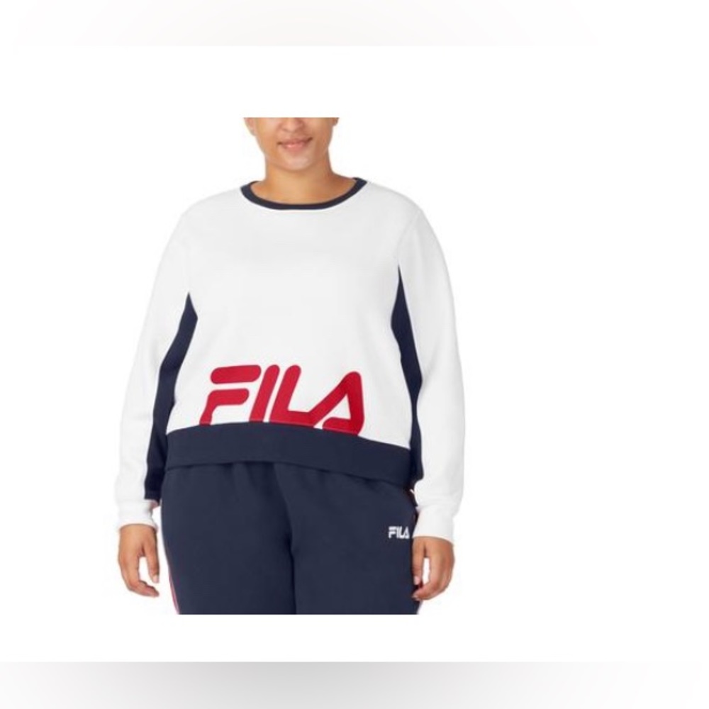 NWT Fila Plus Size Calm Graphic Colorblocked Sweatshirt - White / Fila Navy